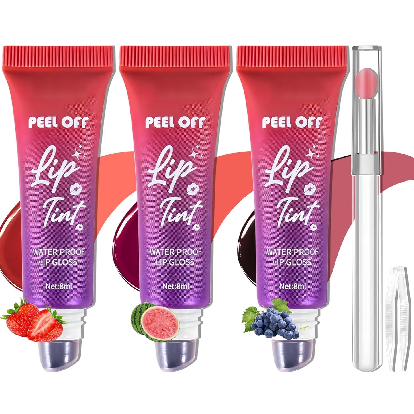 Lip Stain Peel off 3 Colors, Fruit Flavoured Long Lasting Tattoo Lip Liner Tint Waterproof Peel & Reveal Matte Finish Highly Pigmented Color Lipstick for Women Makeup Set with Brush & Tweezers