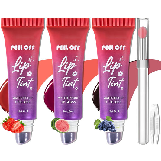 Lip Stain Peel off 3 Colors, Fruit Flavoured Long Lasting Tattoo Lip Liner Tint Waterproof Peel & Reveal Matte Finish Highly Pigmented Color Lipstick for Women Makeup Set with Brush & Tweezers