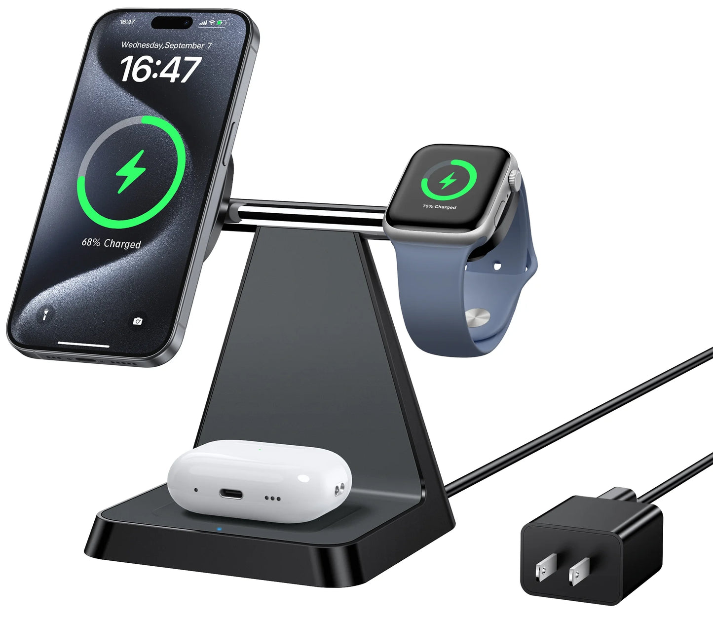 3 in 1 Charging Station: Wireless Charger Compatible for Iphone 16 15 14 13 12 Pro/Pro Max/Plus/Mini, Charging Dock Compatible for Airpods 2/3/Pro & Iwatch