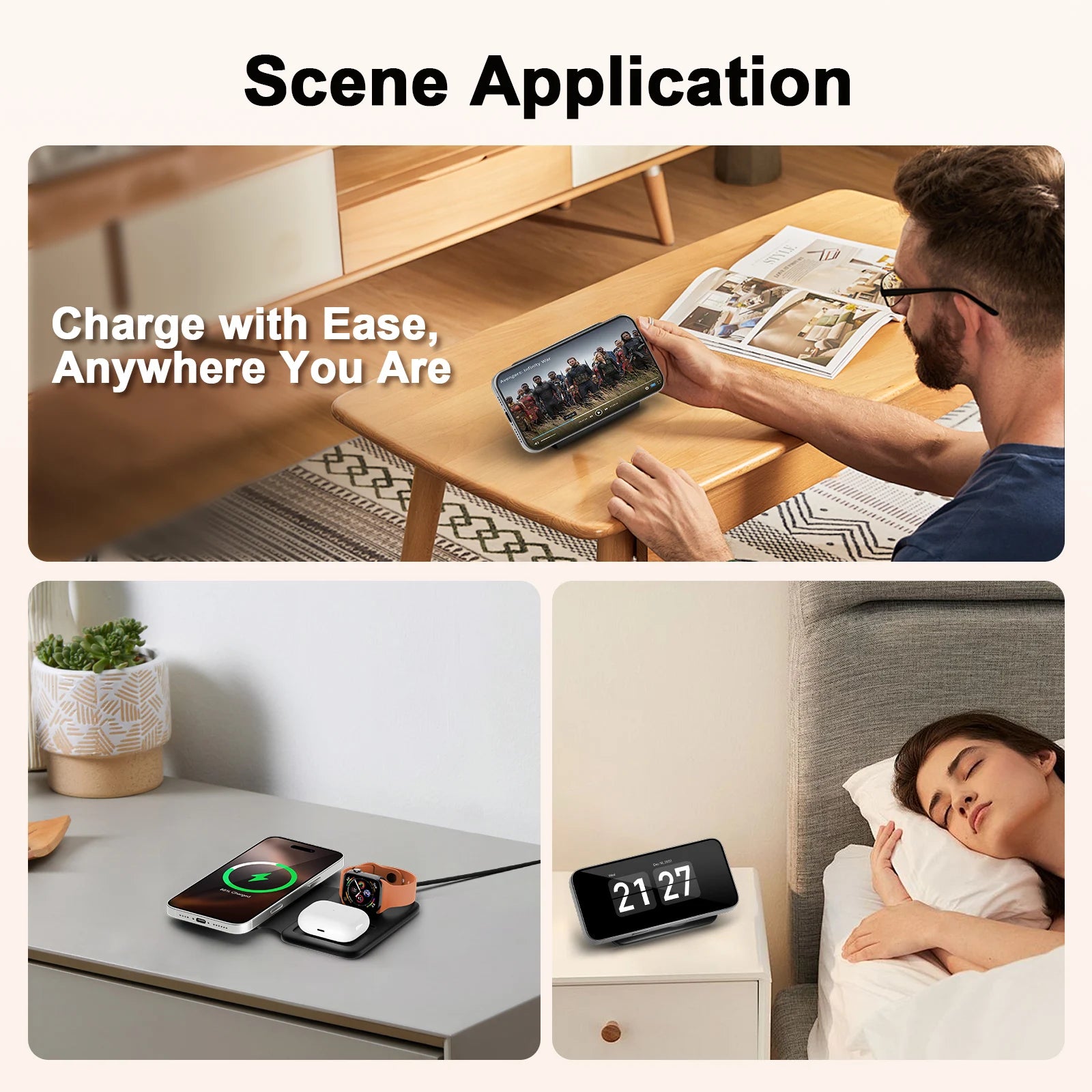 3 in 1 Wireless Charger Station Magnetic Foldable 15W for Apple Devices Iphone 16 15 14 13 12 Pro/Pro Max/Plus/Watch & Airpod