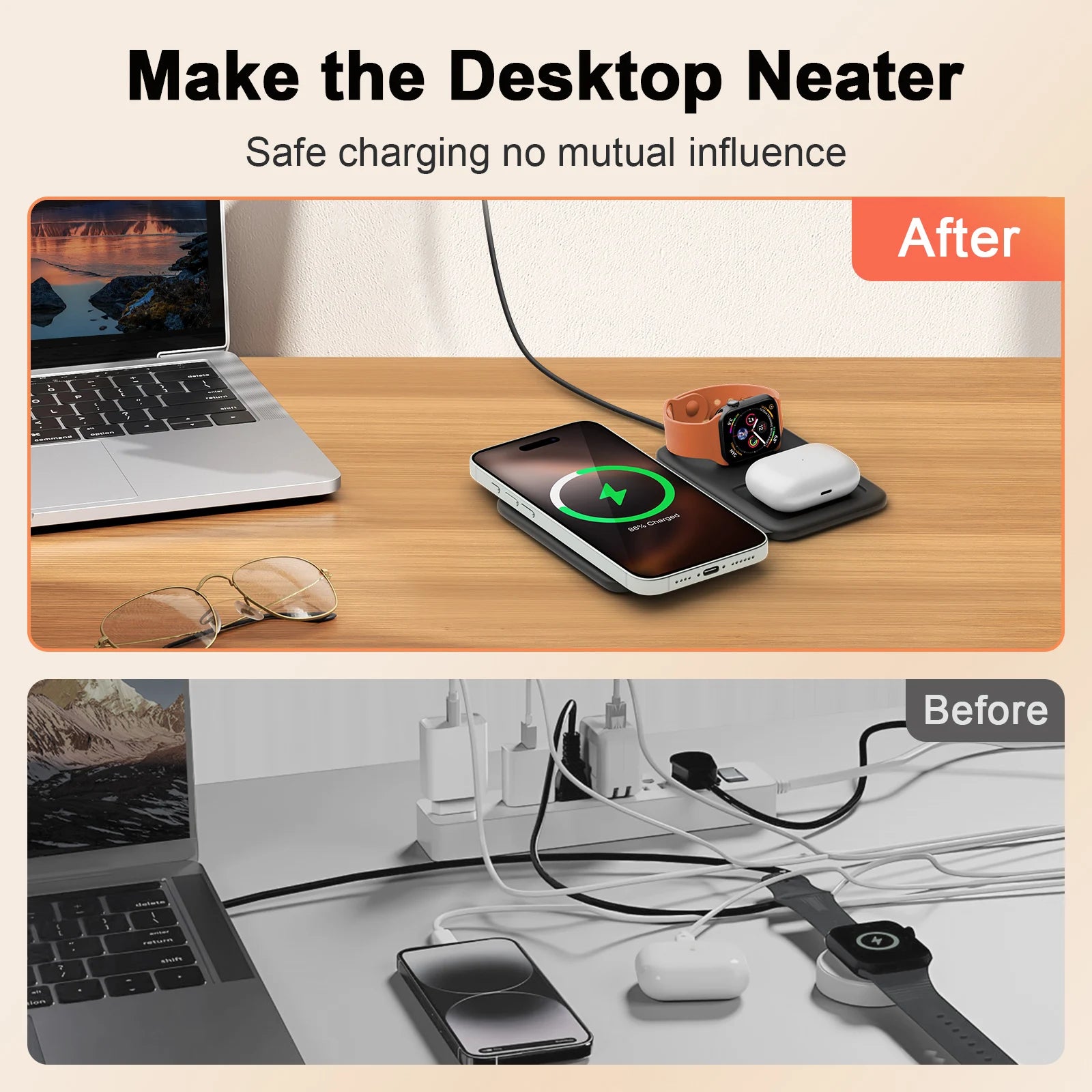 3 in 1 Wireless Charger Station Magnetic Foldable 15W for Apple Devices Iphone 16 15 14 13 12 Pro/Pro Max/Plus/Watch & Airpod