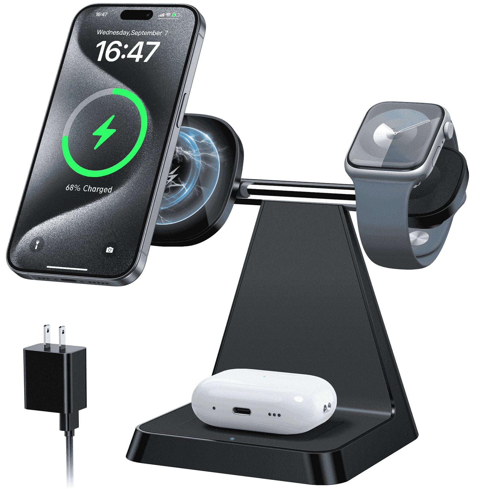 3 in 1 Charging Station: Wireless Charger Compatible for Iphone 16 15 14 13 12 Pro/Pro Max/Plus/Mini, Charging Dock Compatible for Airpods 2/3/Pro & Iwatch