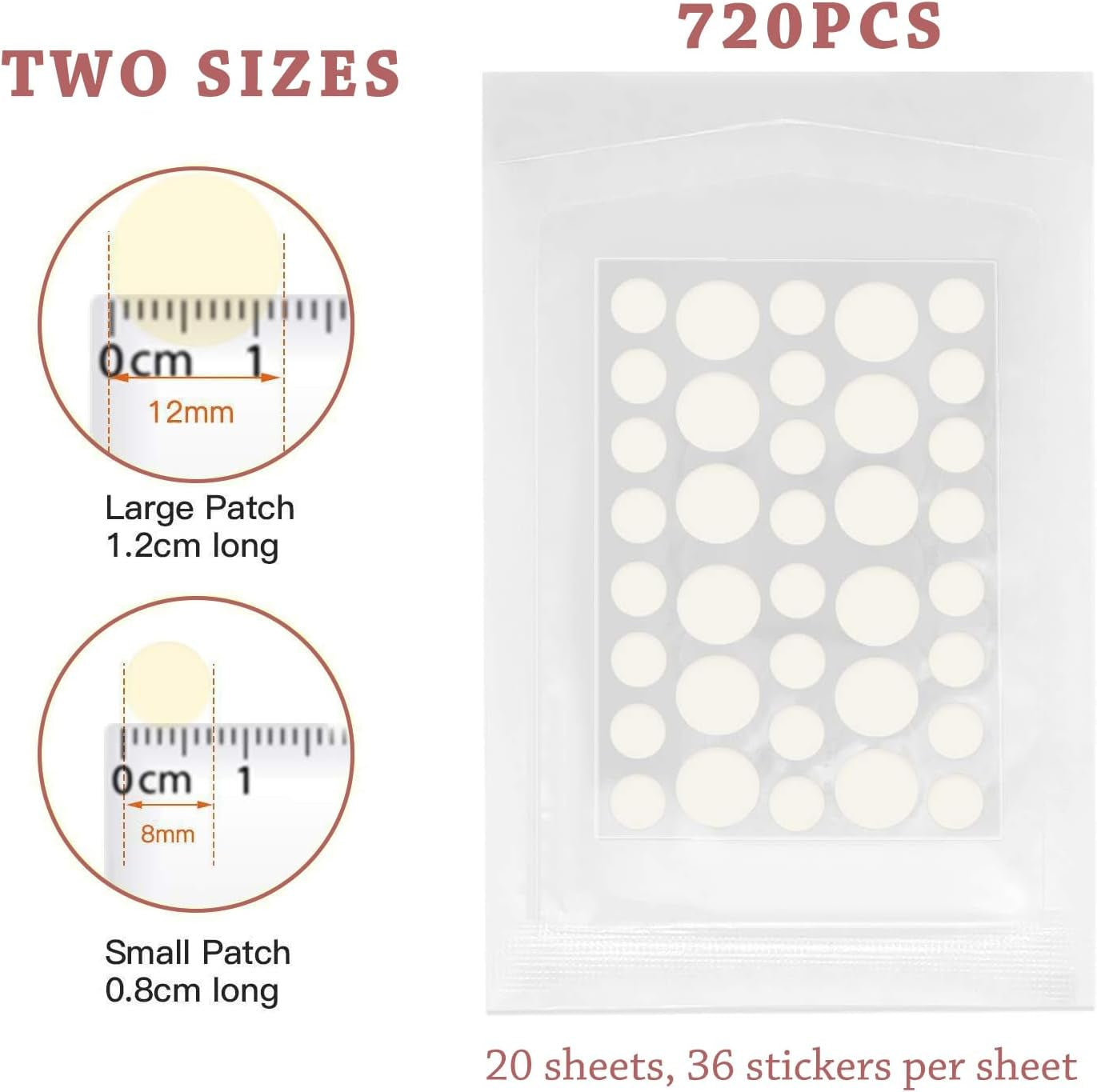 720 Pcs Hydrocolloid Acne Patches for Day & Night Use - Invisible Blemish Stickers for Spot Treatment, Clear Pimple Dots for Face Care (20 Sheets, Gentle & Effective)