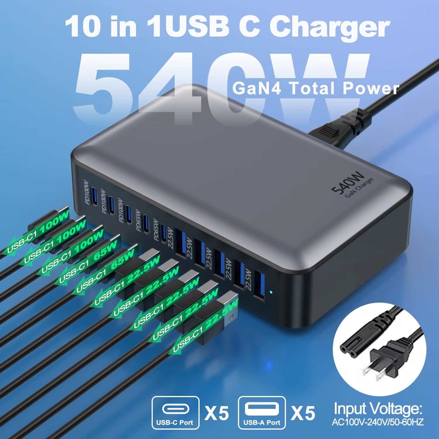200/300/540/620W Gan High Power Multi-Port Fast Charger Multiple Charging Station for Iphone, for Macbook, for Samsung Etc