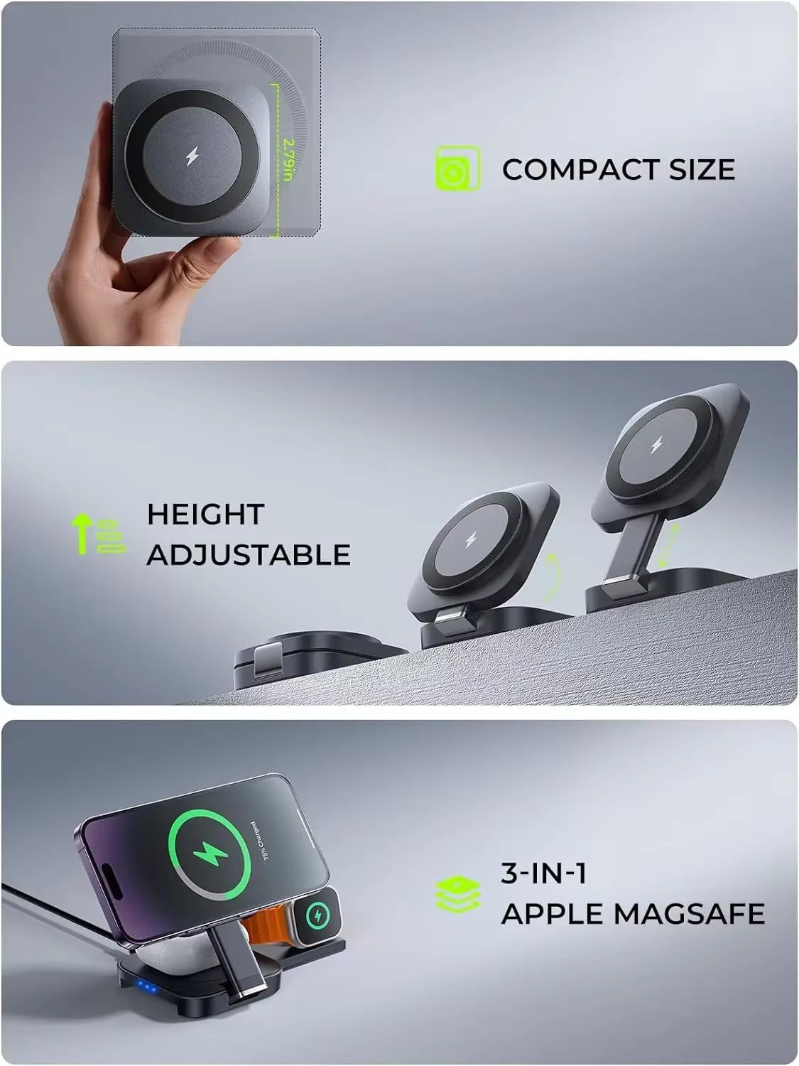 3 in 1 Charging Station for Apple Devices Magsafe Wireless Charger Pad for Multiple Devices Fits Iphone 15 Pro