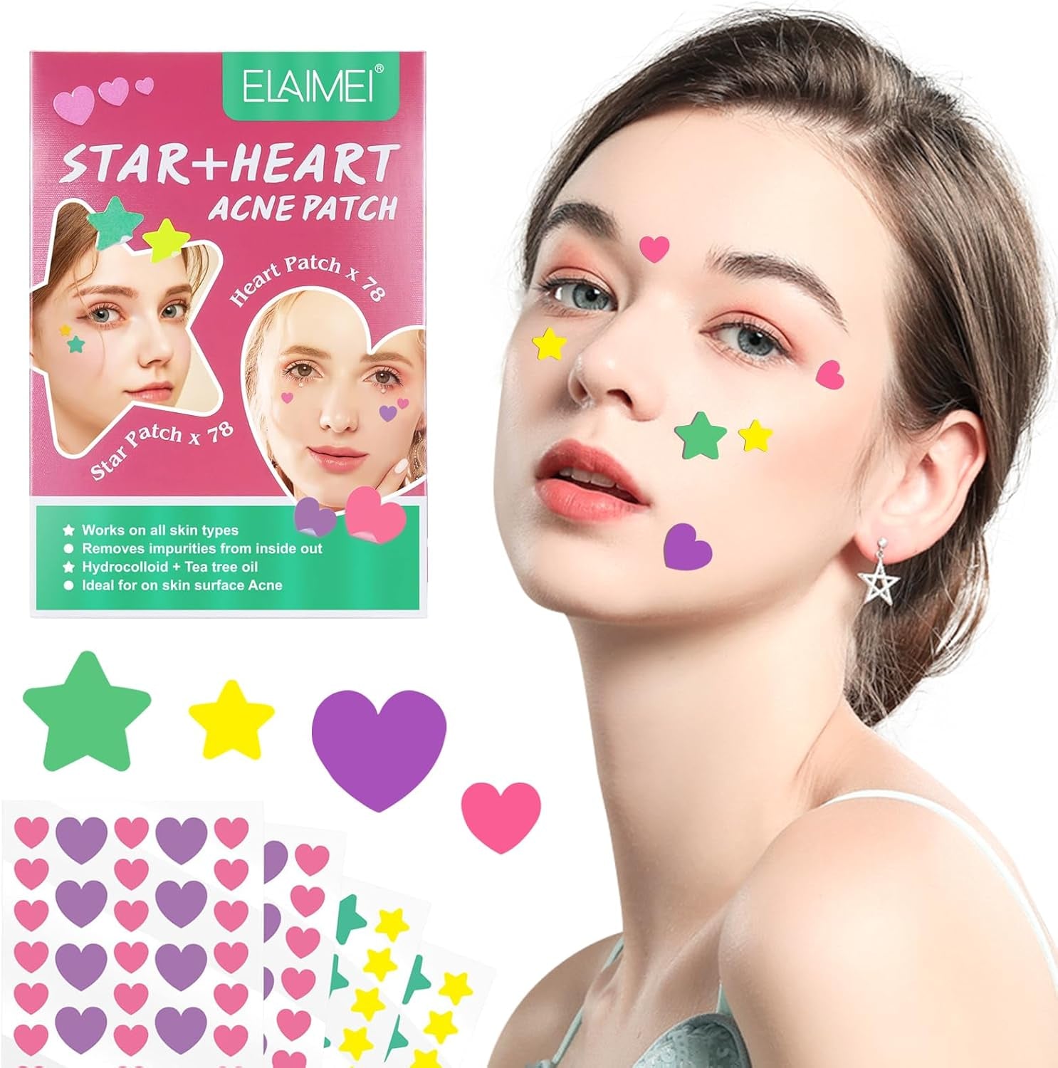Acne Patch Pimple Patch,Pink Heart & Star Shaped Acne Absorbing Spot Patches, Hydrocolloid Acne Patches for Face Zit Patch Acne Dots,156 Patches Tea Tree Oil Centella Body Blemish Skin Care