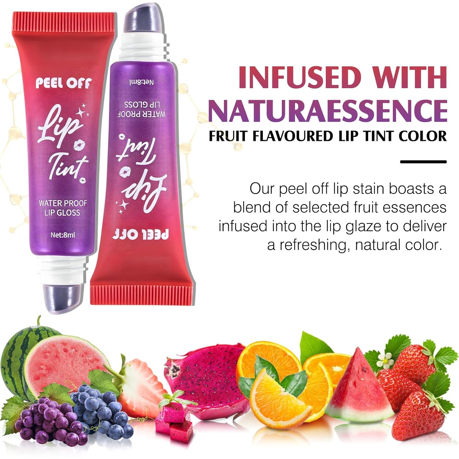 Lip Stain Peel off 3 Colors, Fruit Flavoured Long Lasting Tattoo Lip Liner Tint Waterproof Peel & Reveal Matte Finish Highly Pigmented Color Lipstick for Women Makeup Set with Brush & Tweezers
