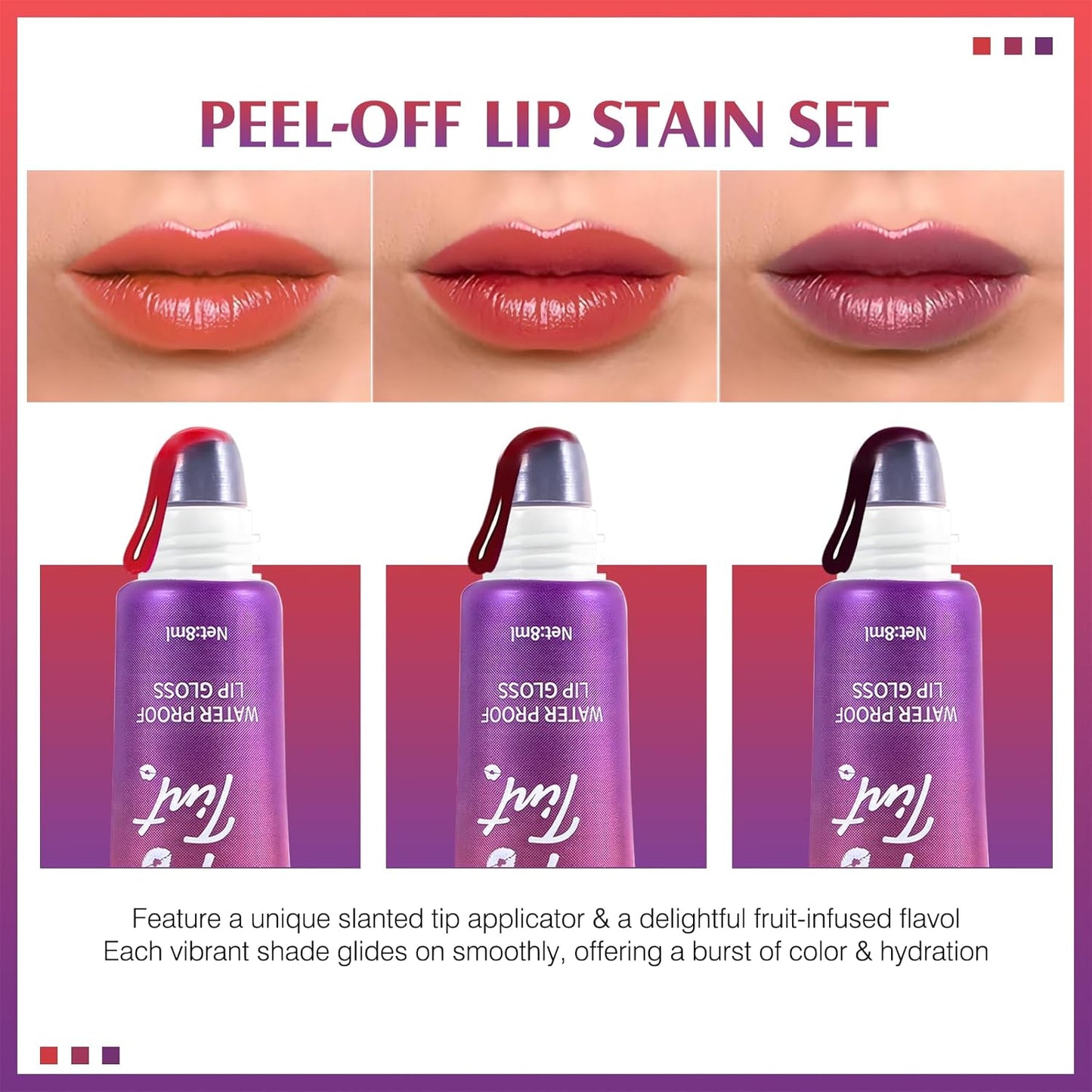 Lip Stain Peel off 3 Colors, Fruit Flavoured Long Lasting Tattoo Lip Liner Tint Waterproof Peel & Reveal Matte Finish Highly Pigmented Color Lipstick for Women Makeup Set with Brush & Tweezers