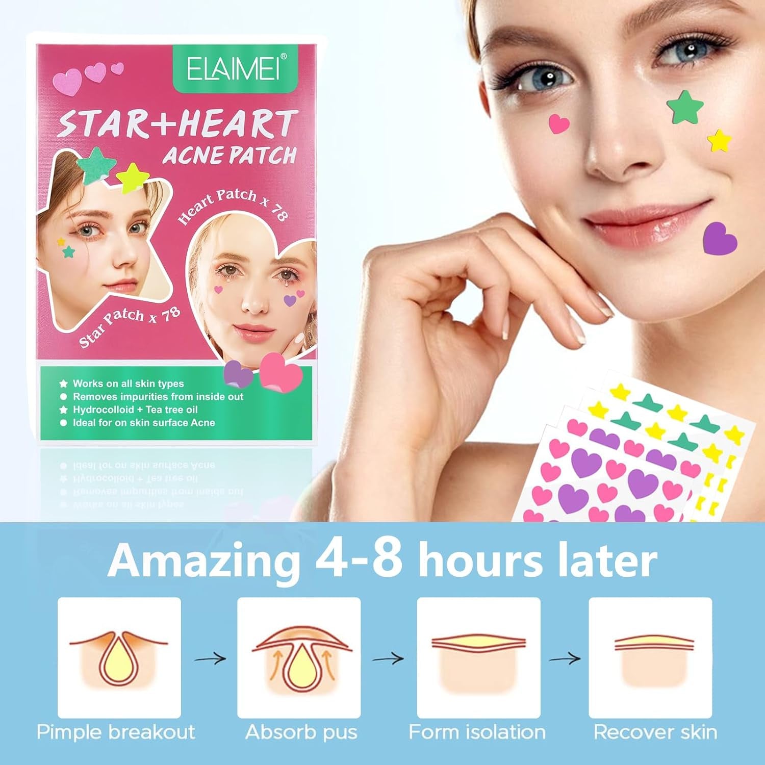 Acne Patch Pimple Patch,Pink Heart & Star Shaped Acne Absorbing Spot Patches, Hydrocolloid Acne Patches for Face Zit Patch Acne Dots,156 Patches Tea Tree Oil Centella Body Blemish Skin Care