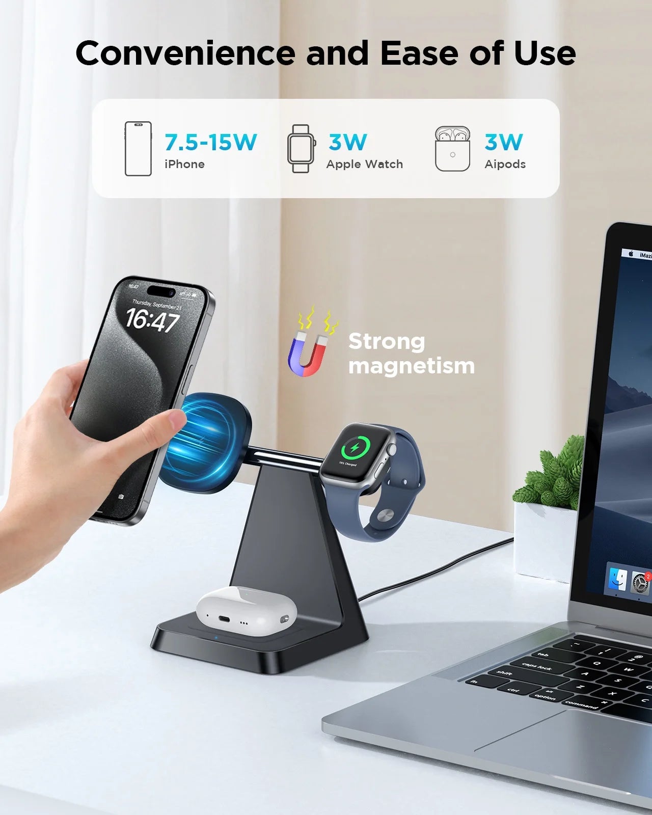 3 in 1 Charging Station: Wireless Charger Compatible for Iphone 16 15 14 13 12 Pro/Pro Max/Plus/Mini, Charging Dock Compatible for Airpods 2/3/Pro & Iwatch