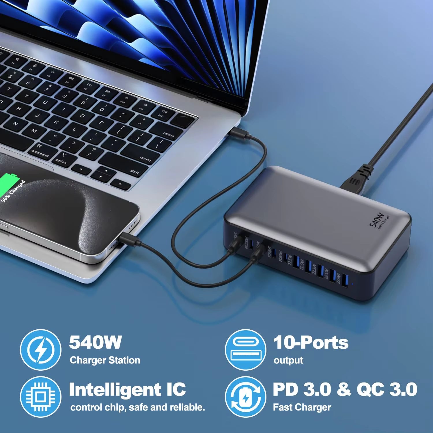 200/300/540/620W Gan High Power Multi-Port Fast Charger Multiple Charging Station for Iphone, for Macbook, for Samsung Etc