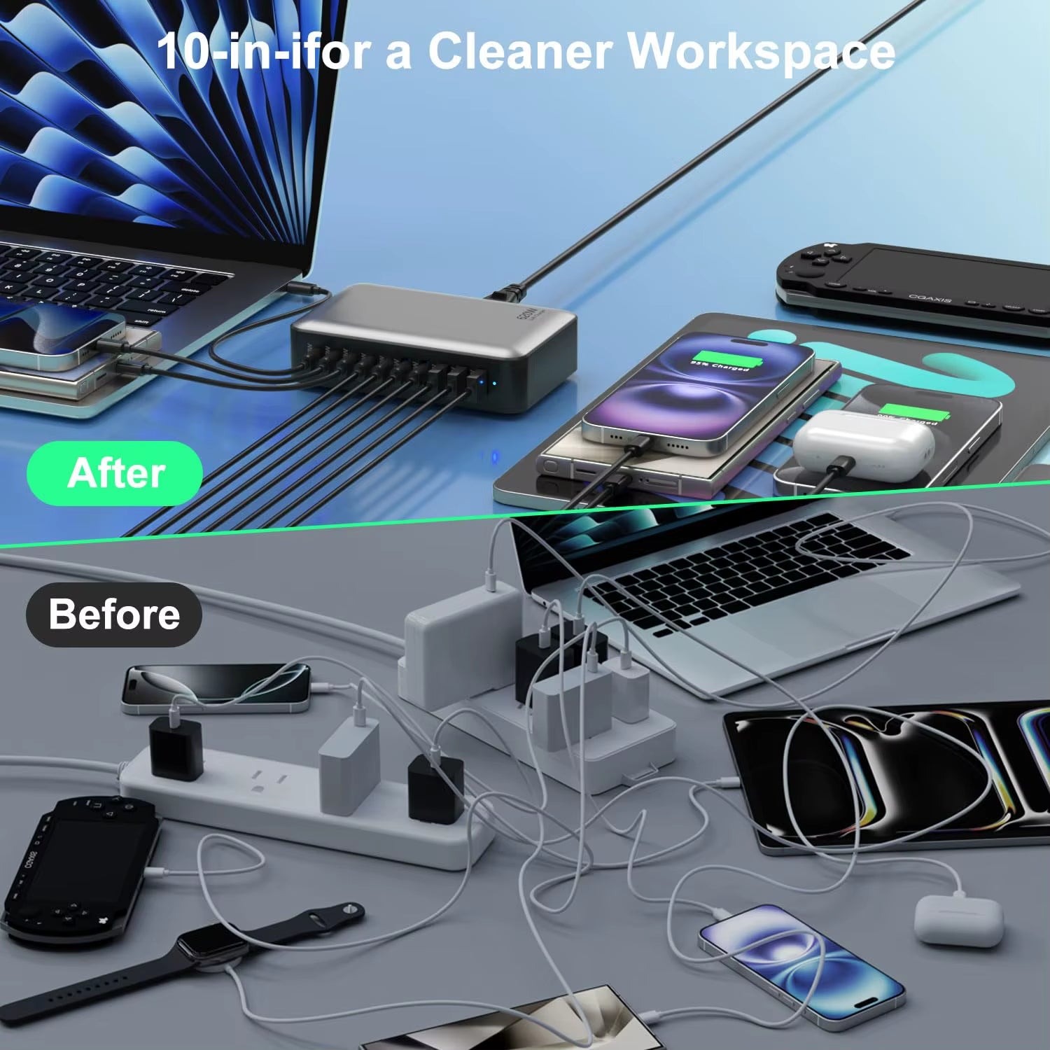 200/300/540/620W Gan High Power Multi-Port Fast Charger Multiple Charging Station for Iphone, for Macbook, for Samsung Etc