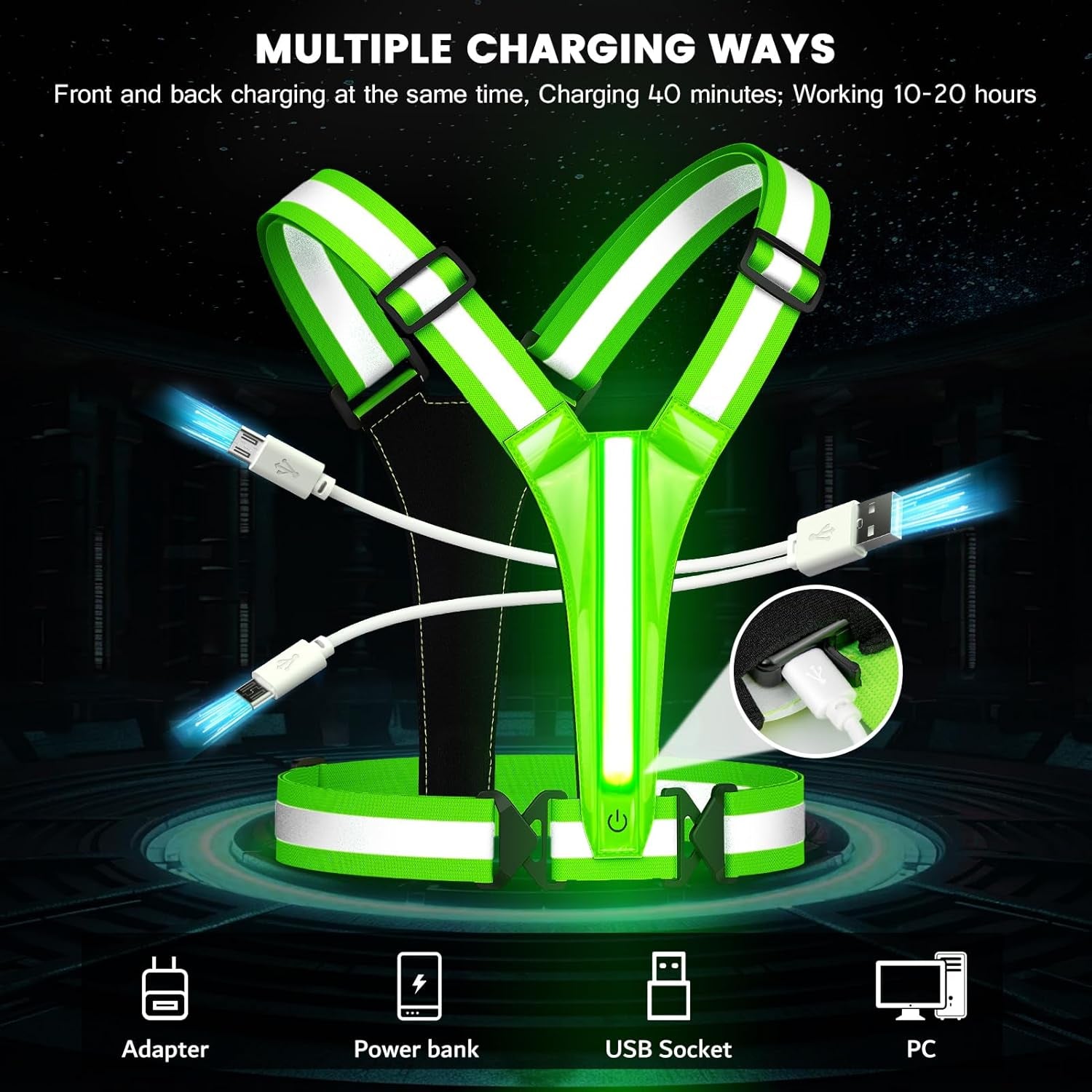 LED Reflective Running Vest Gear,Light up Vest Runners Night Walking USB Recharg